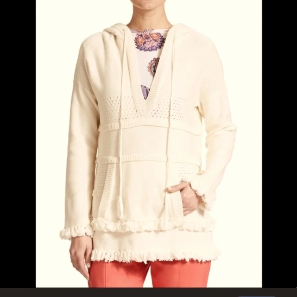 TORY BURCH Cream Baja Hooded Knit Tunic Sweater XS winter casual classic $300